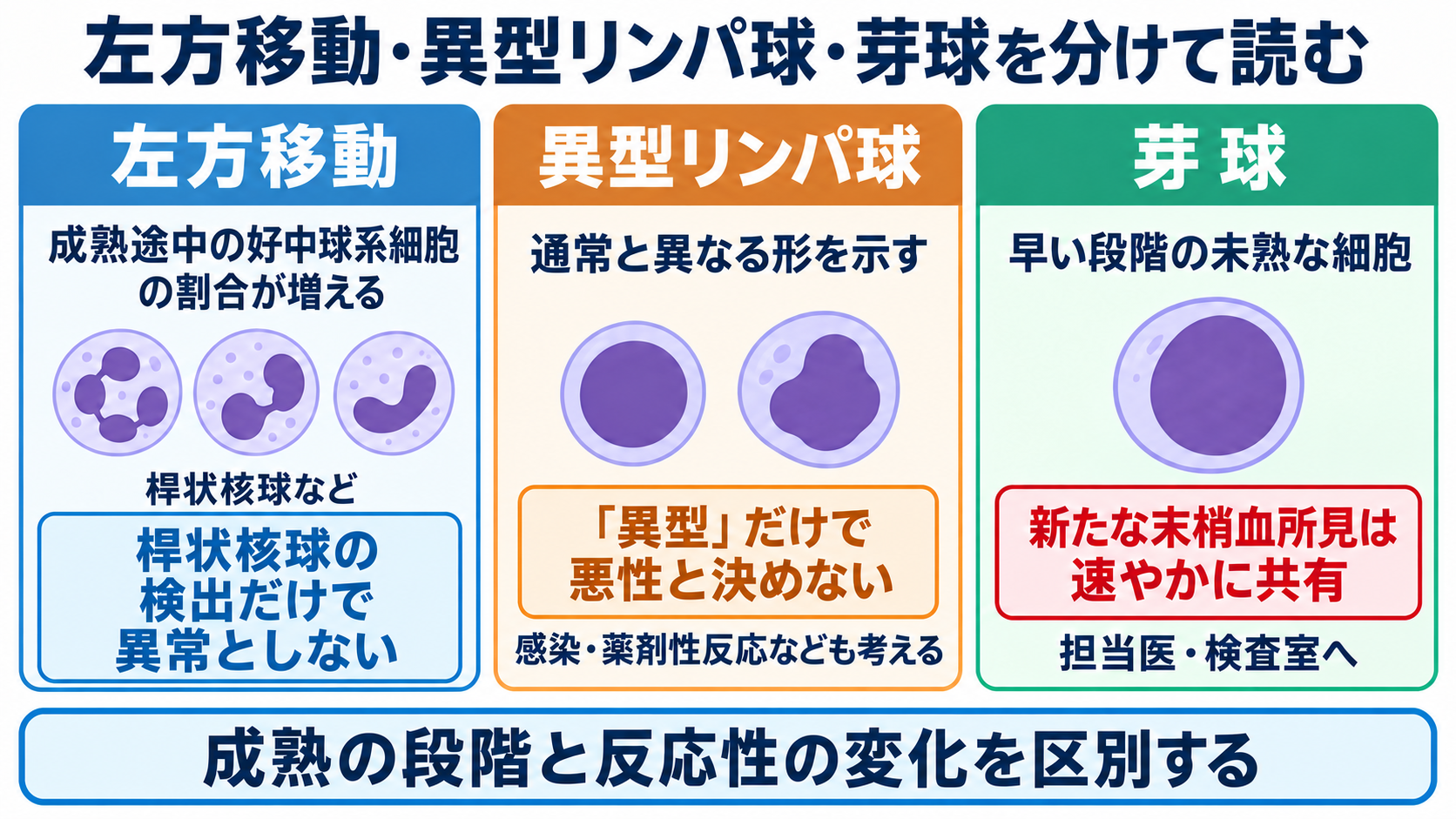 血液像の一覧と読み方：白血球の種類・基準範囲・異常所見を看護につなげる：左方移動・異型リンパ球・芽球は、意味を分けて読むの図解