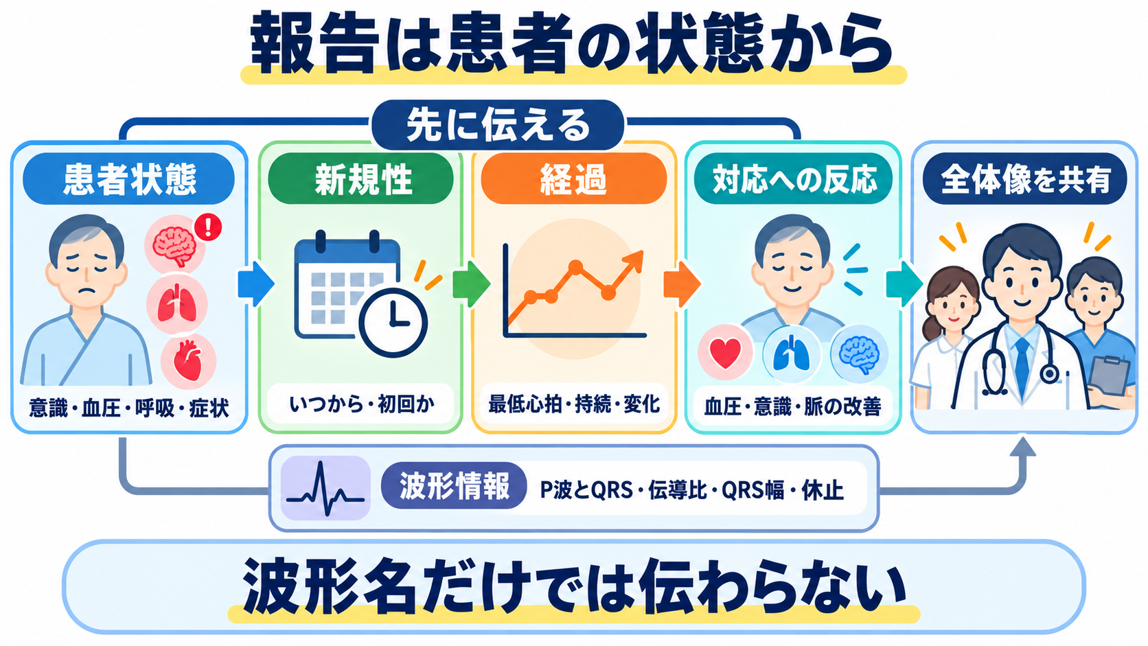 徐脈をどう見分ける？洞徐脈・SSS・徐脈頻脈症候群・房室ブロックの心電図と看護：報告は「波形名」より、患者状態・新規性・経過・対応への反応を先に伝えるの図解