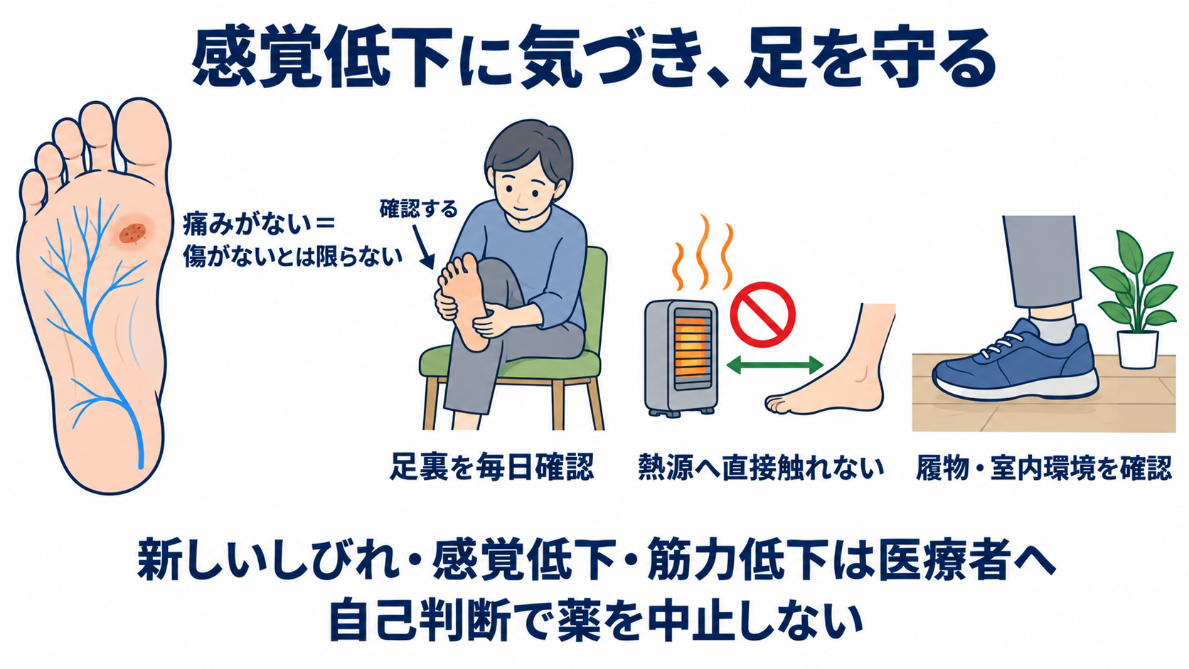 ニューロパチーとは？原因・症状・検査から看護観察と緊急性まで分かりやすく解説：転倒・熱傷・足病変を防ぐには、患者自身が「感覚低下」に気づける説明が重要の図解