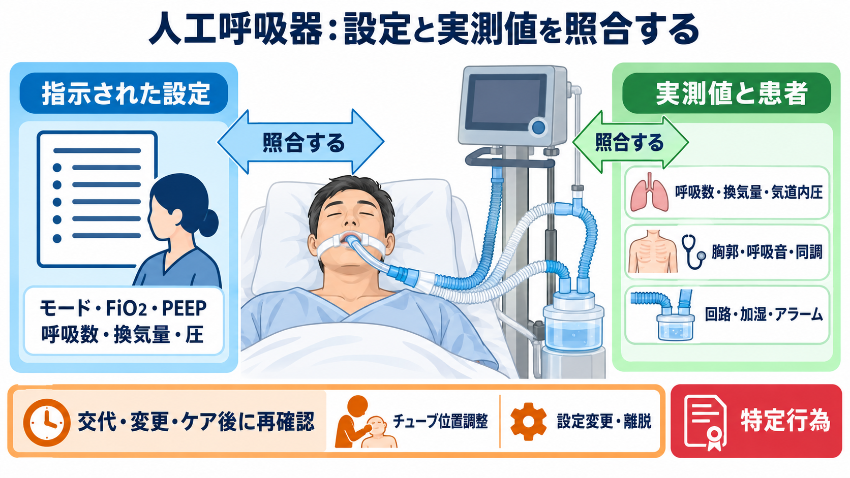 呼吸管理デバイス別にわかる看護師の介入範囲―酸素マスク・HFNC・NPPV・人工呼吸器をどこまで扱うか：侵襲的人工呼吸器では「設定を触らない」だけでなく、設定と実測値を読めることが必要の図解