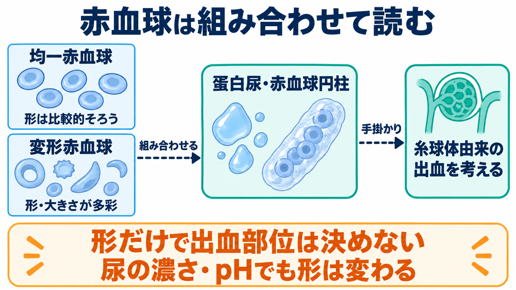 尿沈渣の主な成分一覧と、看護に役立つ所見の読み方：赤血球は数だけでなく、形・蛋白尿・円柱との組み合わせを見るの図解