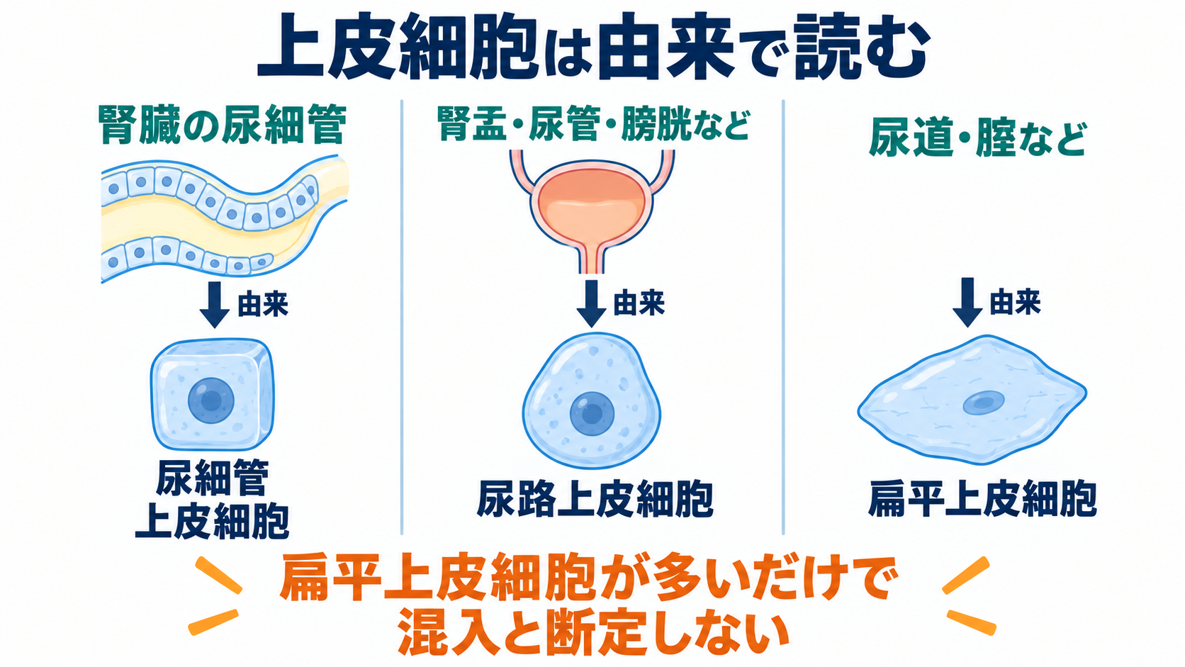 尿沈渣の主な成分一覧と、看護に役立つ所見の読み方：上皮細胞は「多い・少ない」より、どの部位に由来するかが重要の図解