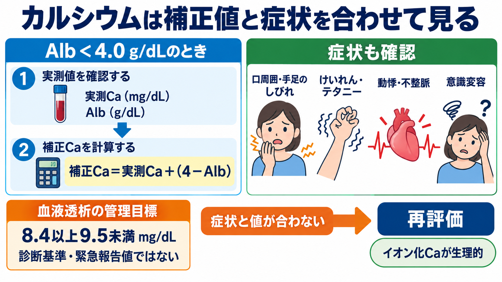 CKD-MBDとは？リン・カルシウム・PTHの読み方と看護観察の意味：カルシウムは補正値の計算だけでなく、症状との一致を見るの図解