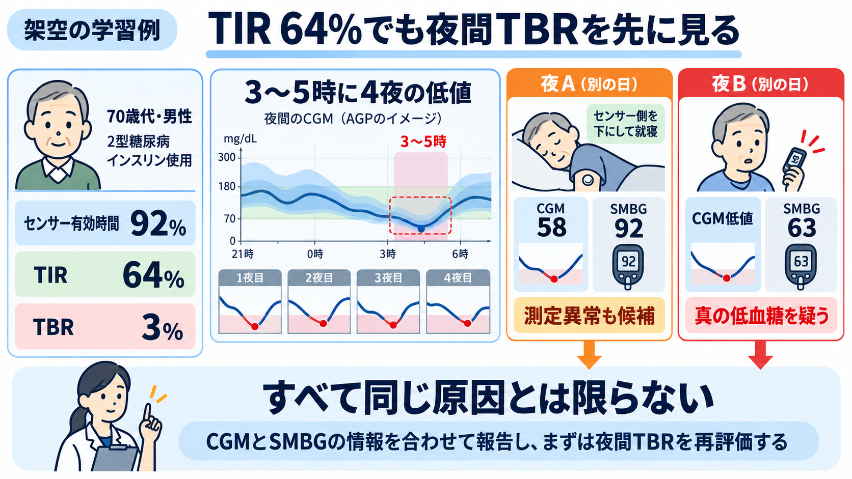 CGM・TIRの読み方｜血糖変動を看護アセスメントにつなげる手順：架空の学習例：TIR 64%でも、先に見るべきは夜間TBRであるの図解