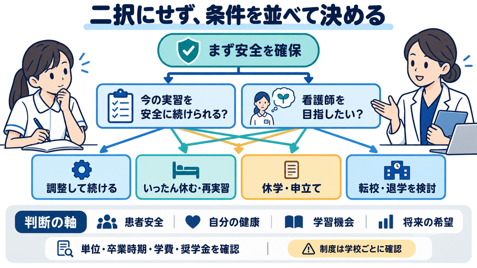 実習指導者が「外れ」と感じたら｜辞める前に5つの問題へ切り分ける対処法：辞めるかは、急性のつらさが少し下がってから選択肢を並べて決めるの図解