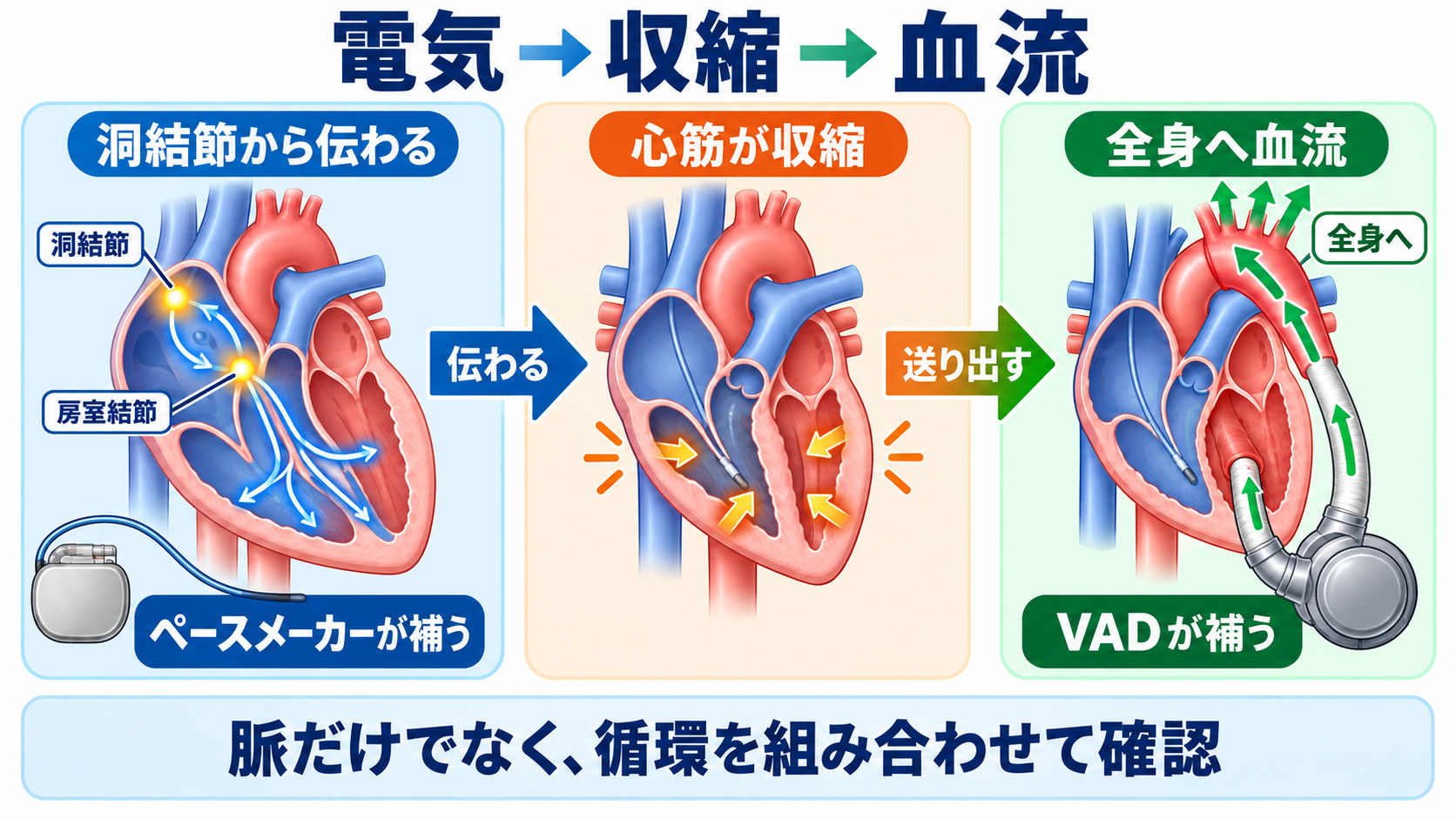 ペースメーカーとVADの違いとは？仕組み・適応・看護観察を循環の視点で整理：正常な心臓では、電気刺激の後に収縮と血流が生まれるの図解