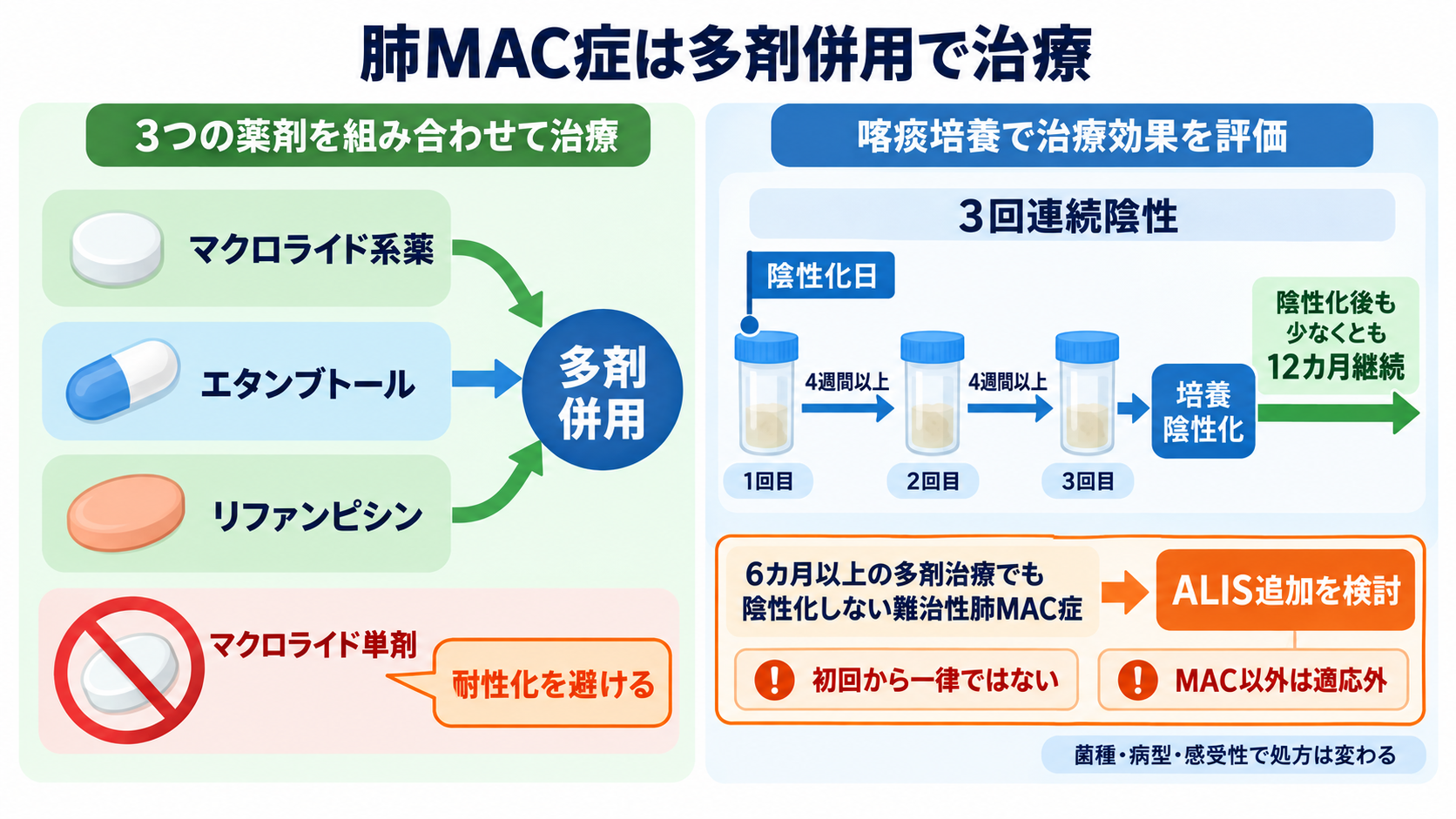 肺NTM症とは？診断・治療と看護観察を「菌が出た」から順に理解する：治療は菌種・病型・感受性に合わせた多剤併用が基本の図解