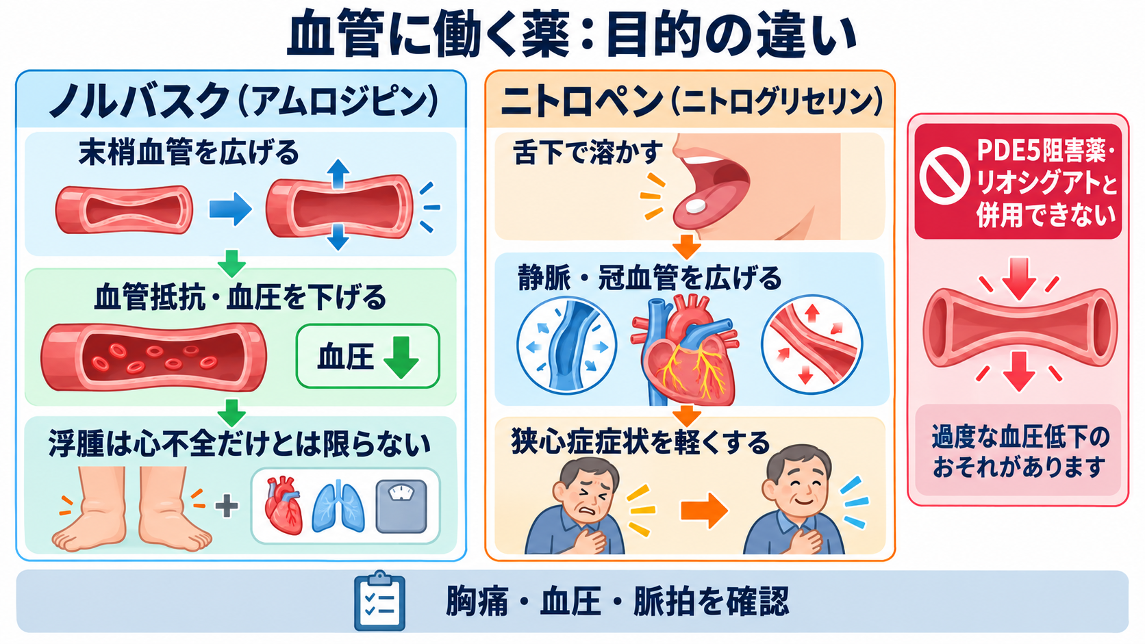 心臓の薬は何を変える？商品名からつなぐ作用と看護観察：ノルバスクとニトロペンは、どちらも血管に働くが目的が違うの図解