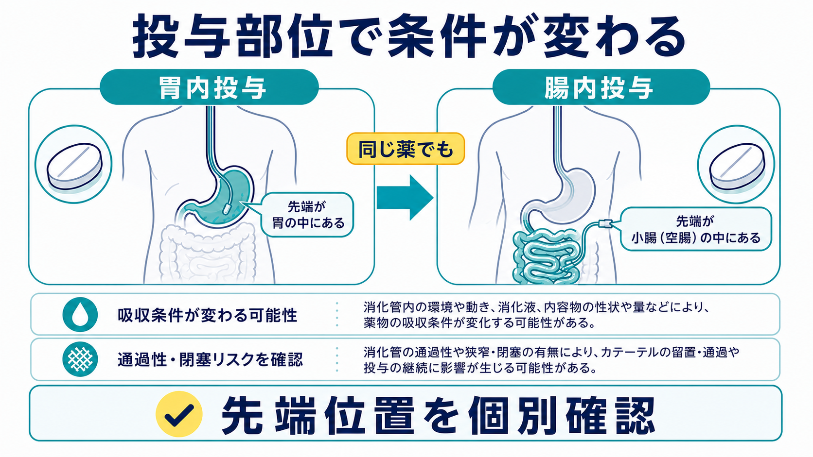 粉砕禁止薬はどう見分ける？簡易懸濁法と経管投与の安全な判断・手順：胃管と腸瘻では、同じ薬でも吸収と閉塞リスクが変わるの図解