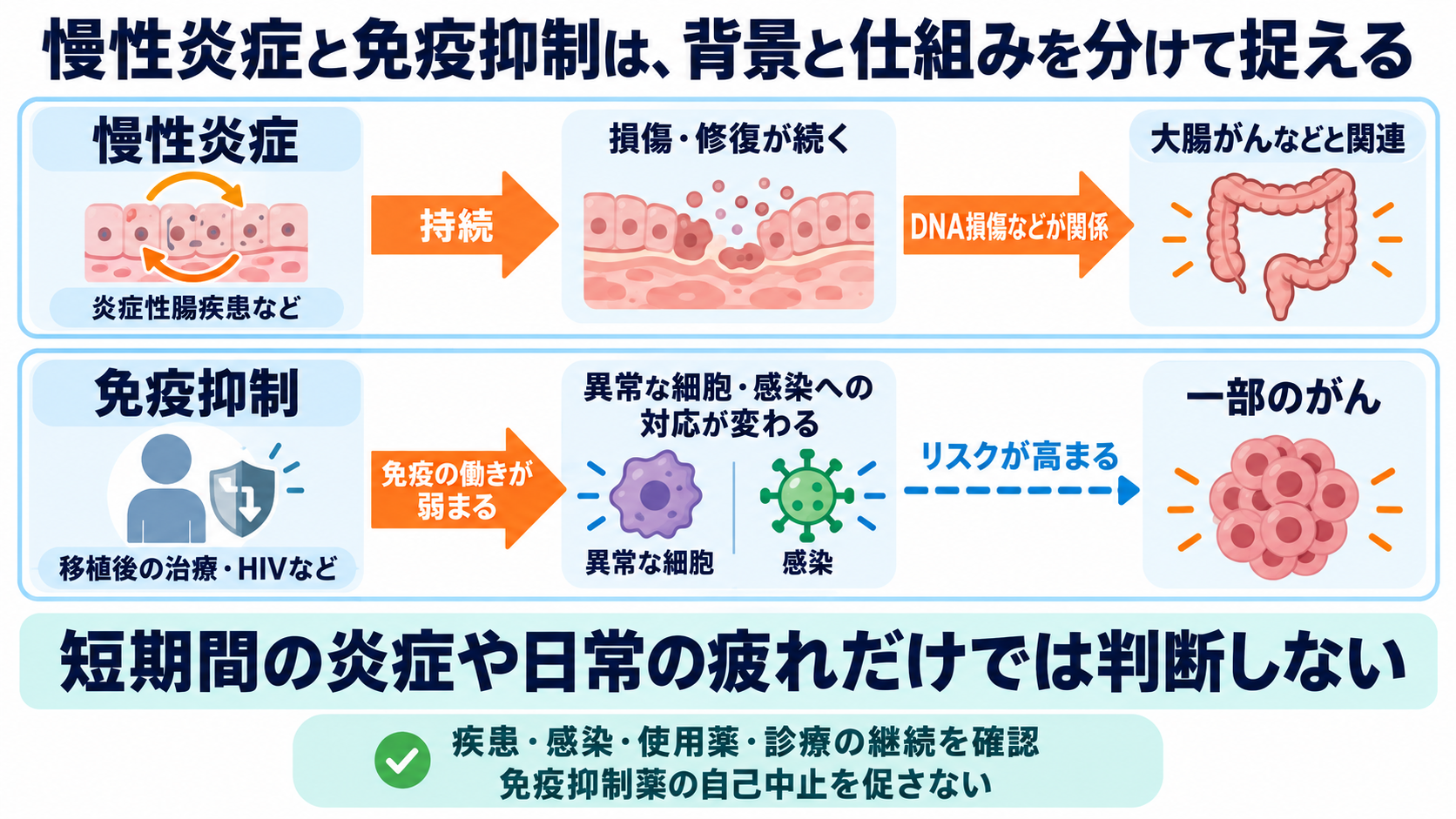がんのリスク要因は何か？関連するがんと看護で確認するポイントを一覧で解説：慢性炎症と免疫抑制は、基礎疾患・感染・治療を含めて捉えるの図解