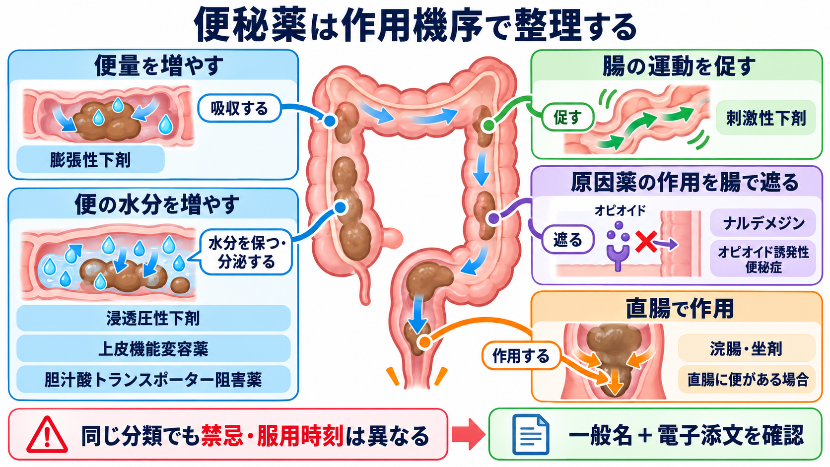 便秘の薬一覧｜作用別の使い分けと看護観察・注意点：便秘薬一覧：代表薬を作用機序で整理するの図解
