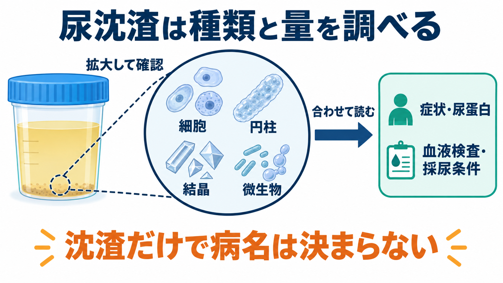 尿沈渣の主な成分一覧と、看護に役立つ所見の読み方：尿沈渣は、尿に含まれる成分から腎臓・尿路の状態を調べる検査の図解