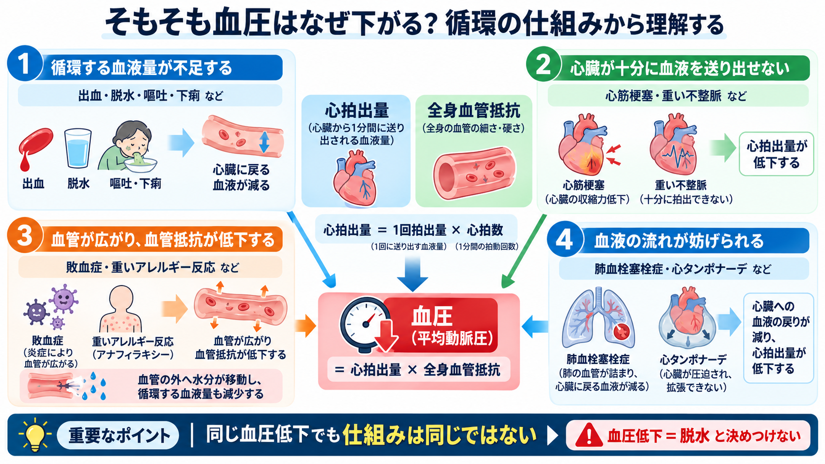 患者の血圧が下がったときの看護対応｜緊急性の判断・観察項目・医師への報告を解説：そもそも血圧はなぜ下がる？循環の仕組みから理解するの図解