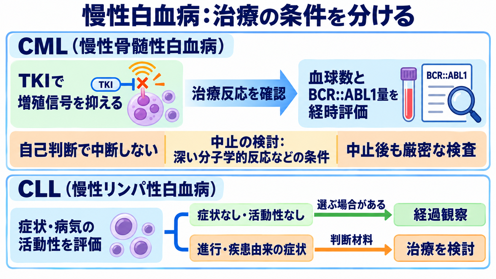成人の白血病を、病態・検査・治療と看護観察のつながりから理解する：CMLとCLLでは、治療を続ける条件・始める条件が異なるの図解
