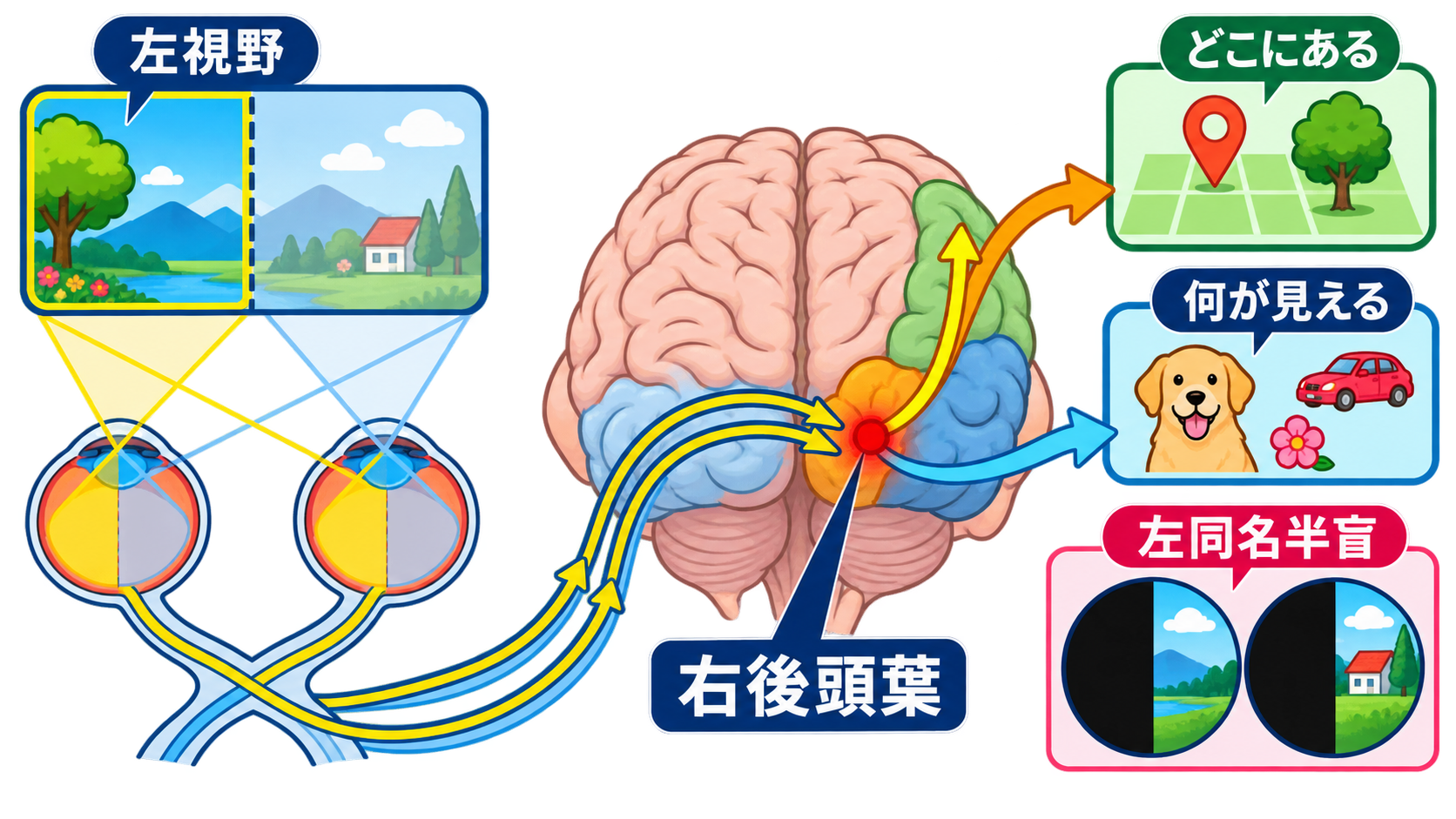 脳の部位ごとの機能を整理｜障害部位から症状と観察項目を考える：後頭葉は視覚を処理し、片側病変では反対側の視野が障害されるの図解
