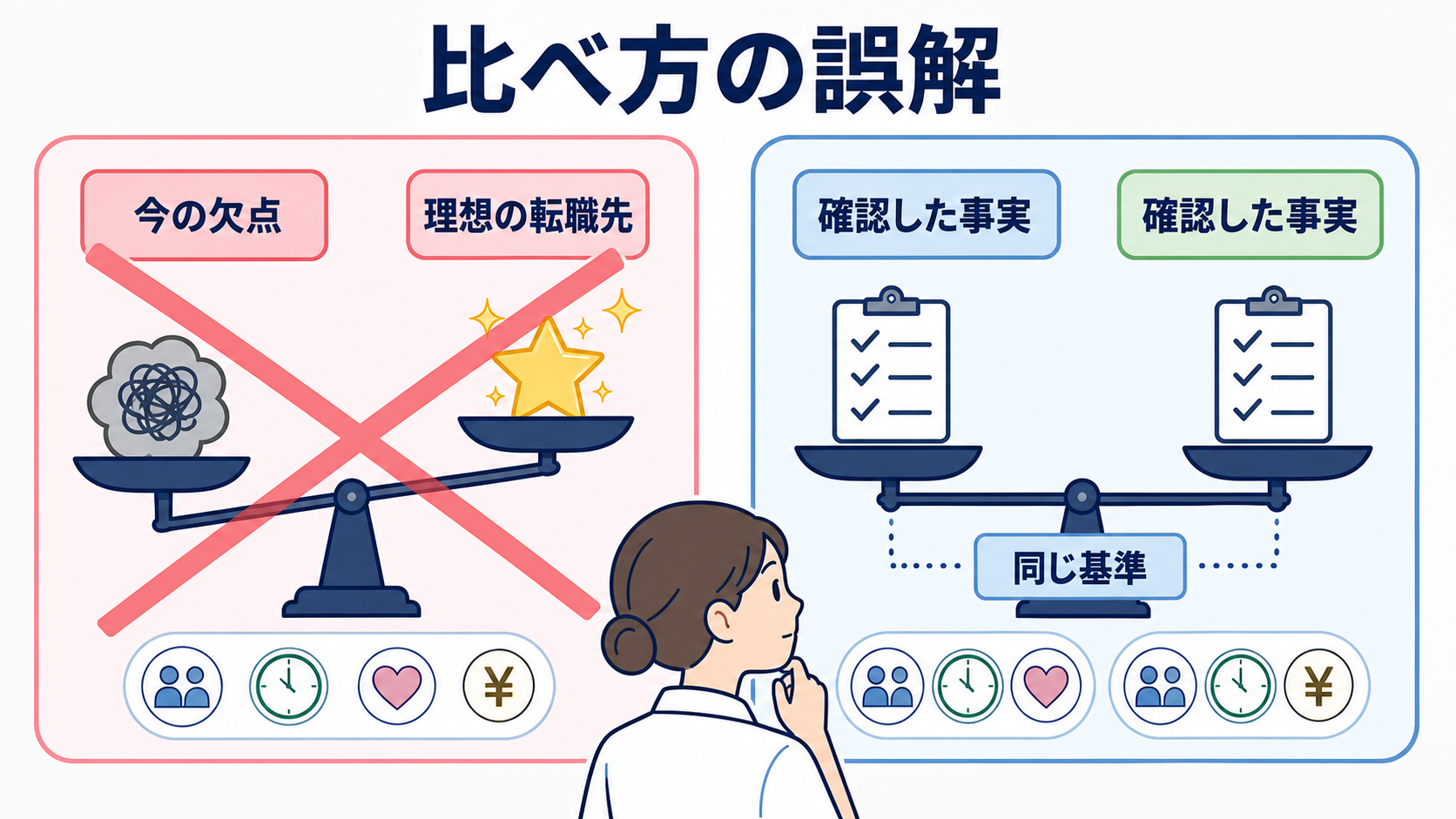 看護師が転職に迷うとき｜転職した場合・残った場合の3年後を比べる方法：よくある誤解は「理想の転職先」と「今の職場」を比べてしまうことの図解