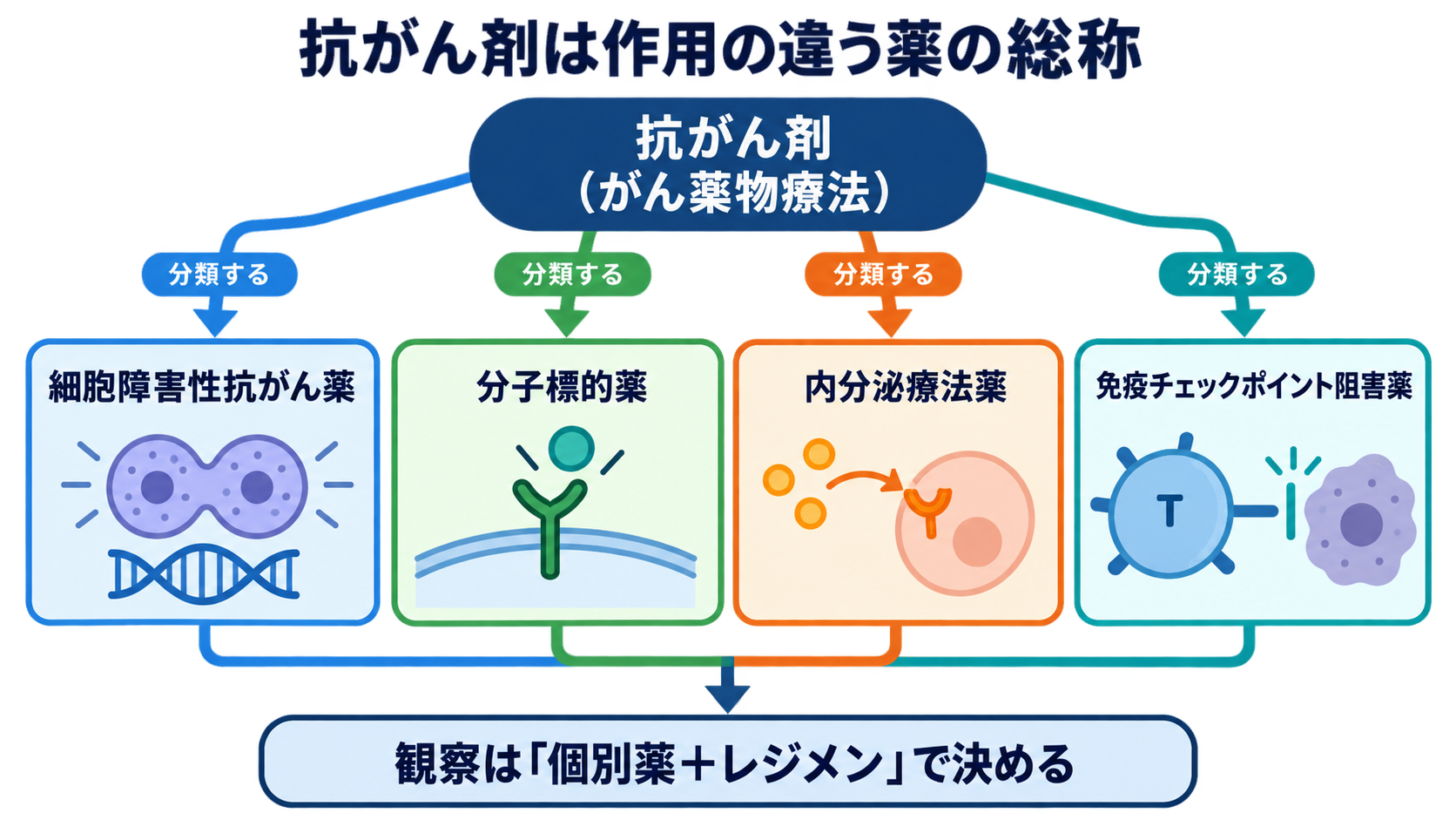 抗がん剤で使われる薬剤の種類と作用―副作用を予測する看護観察の考え方：「抗がん剤」は1種類ではなく、作用の違う薬をまとめた呼び方の図解