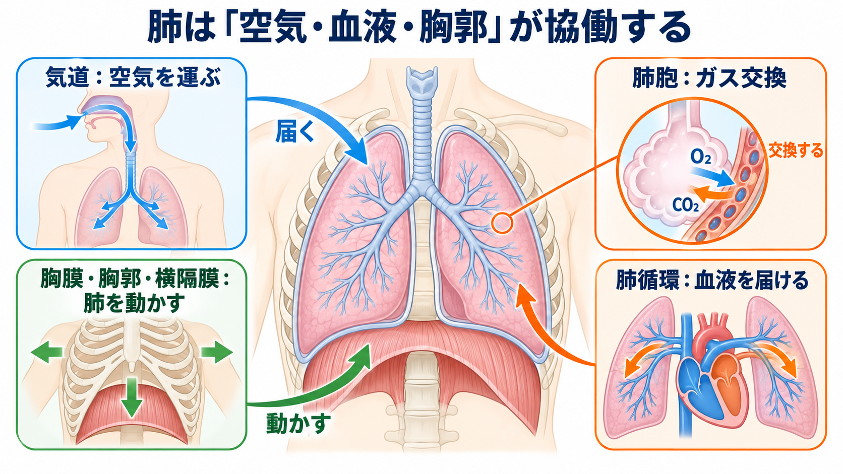 肺の解剖を臨床につなげる：肺葉・肺区域・肺胞・胸膜と看護観察：肺は「空気・血液・胸郭」が協働して働く臓器の図解