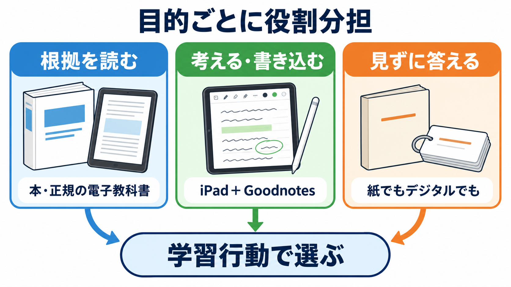 Goodnotes・iPad・本、看護学生は結局どれ？国試と実習につながる使い分け：結論：主役は一つに決めず、目的ごとにGoodnotes・iPad・本を使い分けるの図解