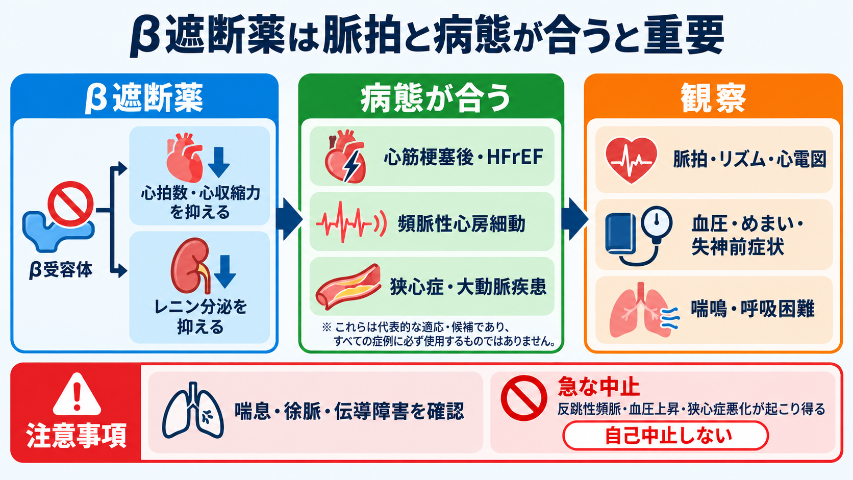 降圧薬は結局どれを選ぶ？商品名から薬効群・使い分け・看護観察を読み解く：β遮断薬は「古い薬」ではなく、脈拍と病態が合うと重要になるの図解