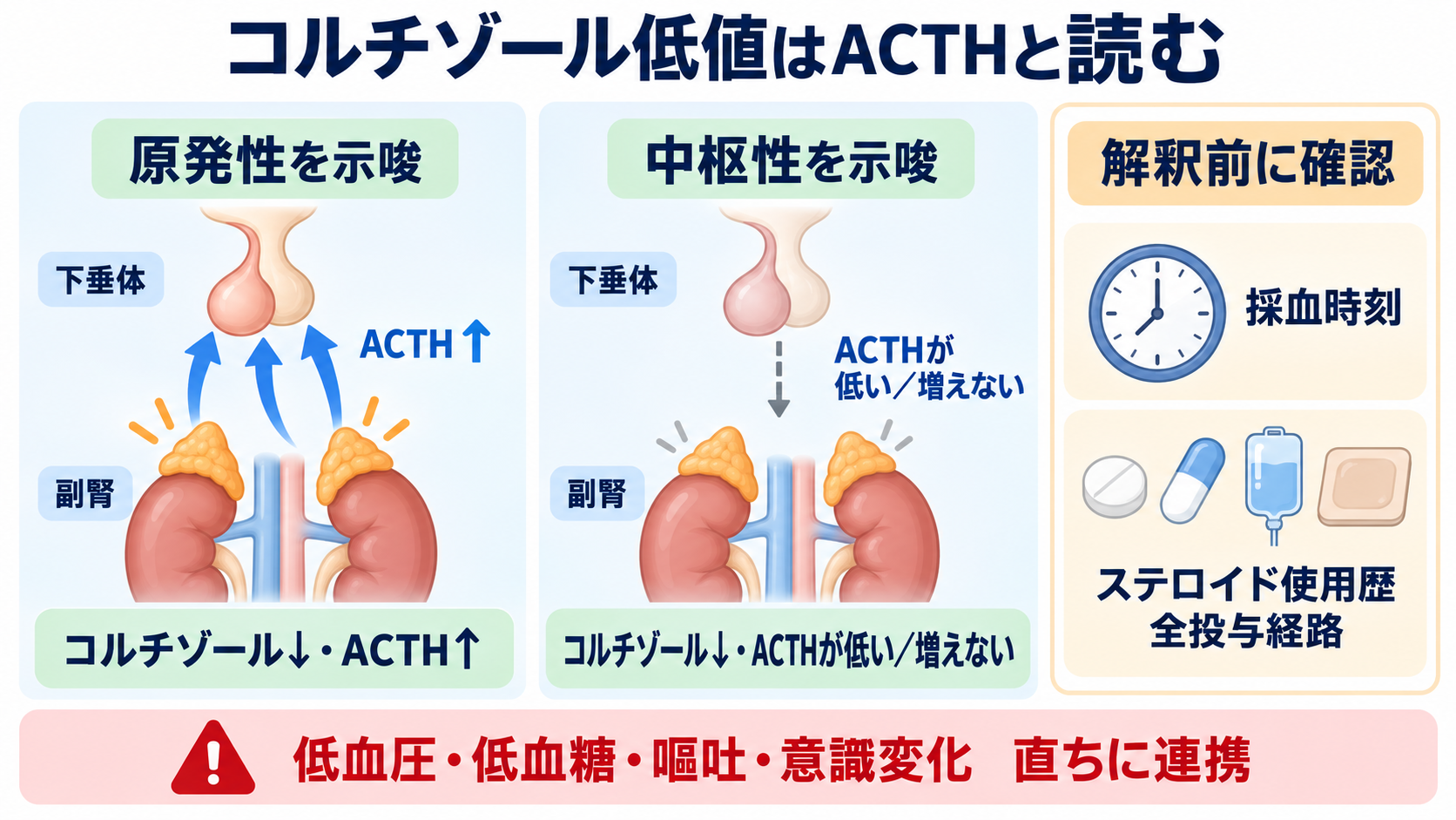 内分泌で覚えておきたい検査｜ホルモンの組み合わせと看護観察が分かる：ACTHとコルチゾールは、採血時刻とステロイド使用歴まで確認するの図解