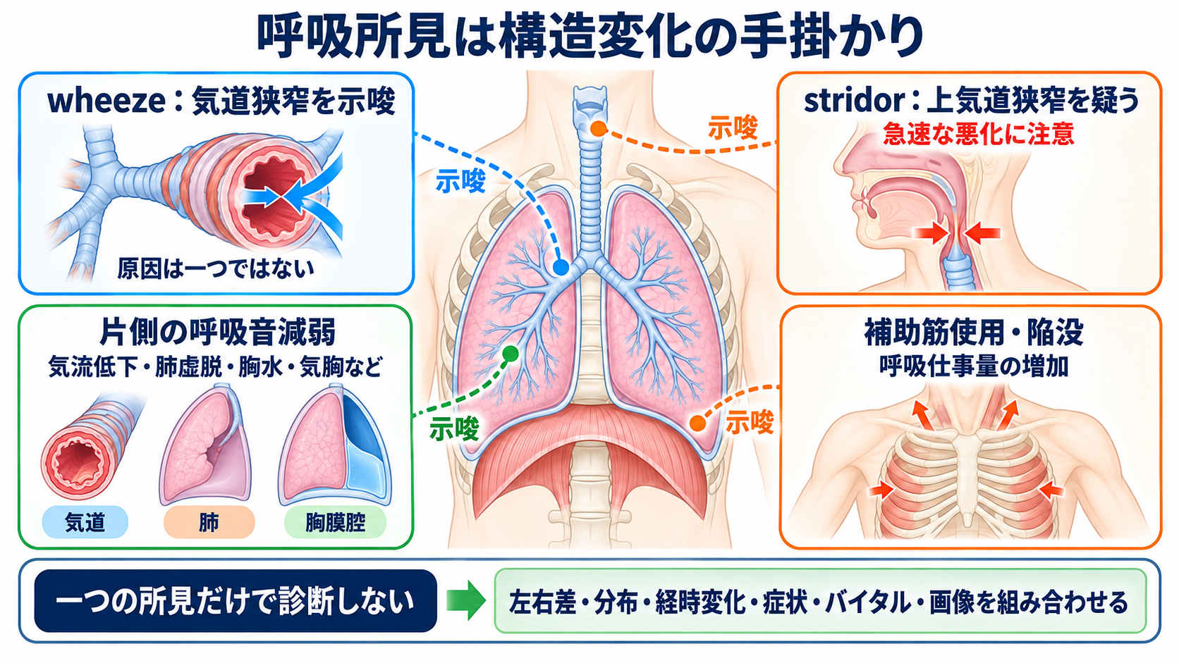 肺の解剖を臨床につなげる：肺葉・肺区域・肺胞・胸膜と看護観察：呼吸音や胸郭運動は「どの構造が変化したか」を示す手掛かりの図解