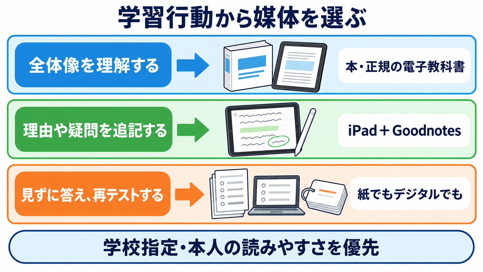 Goodnotes・iPad・本、看護学生は結局どれ？国試と実習につながる使い分け：授業・国試・実習準備では、最も起こしたい学習行動から媒体を選ぶの図解