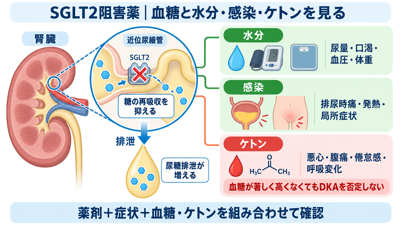 糖尿病薬の種類まとめ｜DPP-4阻害薬・SGLT2阻害薬・GLP-1受容体作動薬の違いと看護の確認ポイント：SGLT2阻害薬では血糖値と同時に水分・感染・ケトンを見るの図解