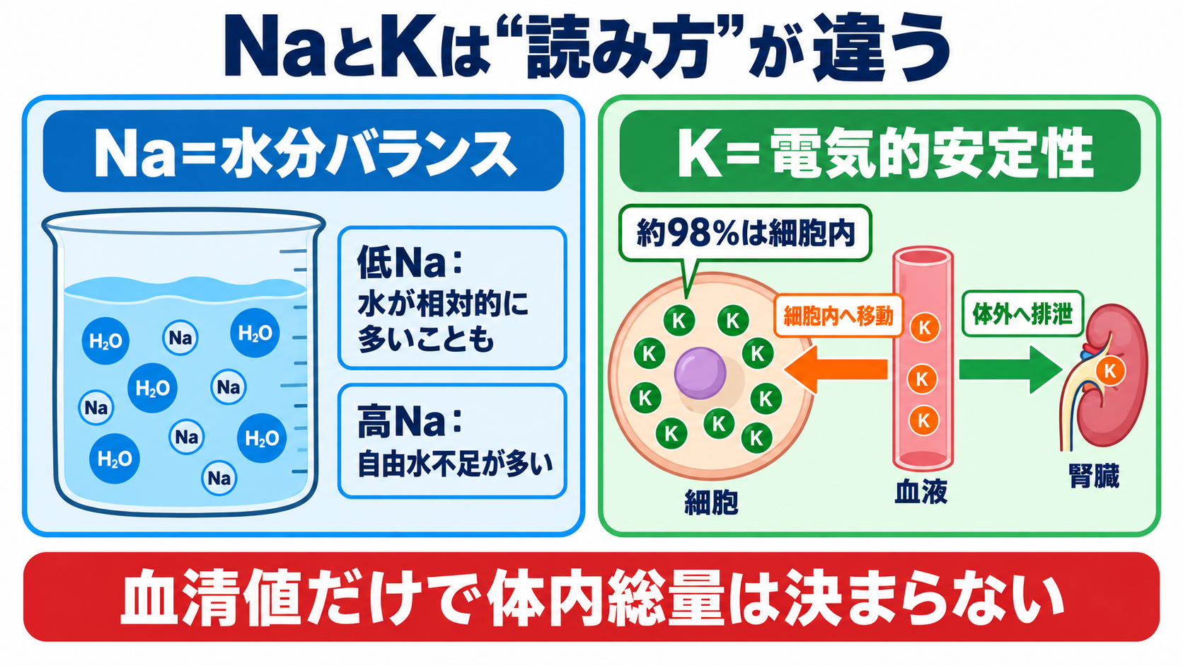 Na・K異常の読み方｜症状・心電図・採血エラーをつないで緊急度を判断する：Naは「水に対する濃さ」、Kは「細胞内外の移動と排泄」として読むの図解