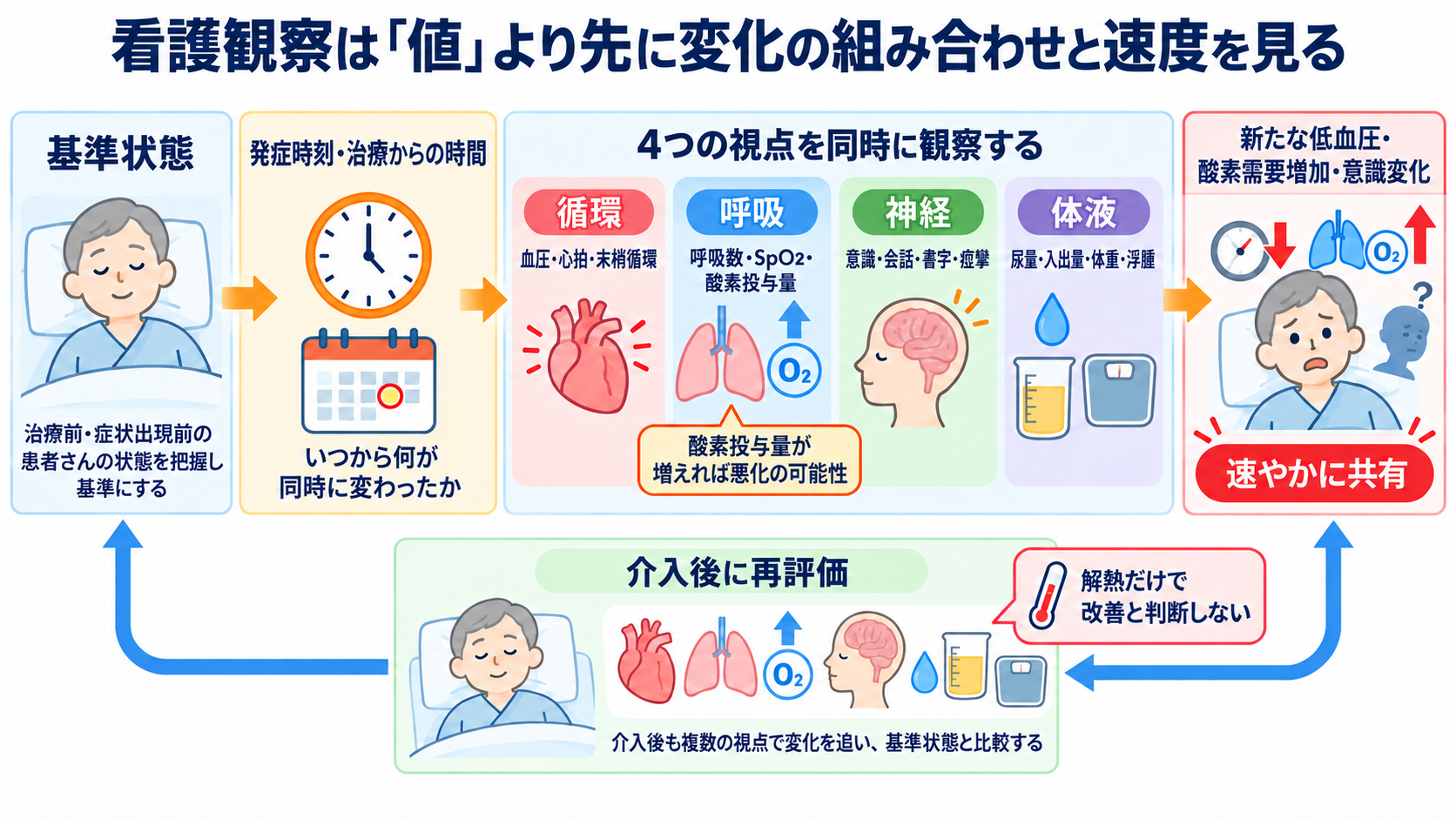 サイトカインとは何か――免疫・炎症の仕組みから検査、治療、看護観察まで：看護観察は「値」より先に、変化の組み合わせと速度を見るの図解