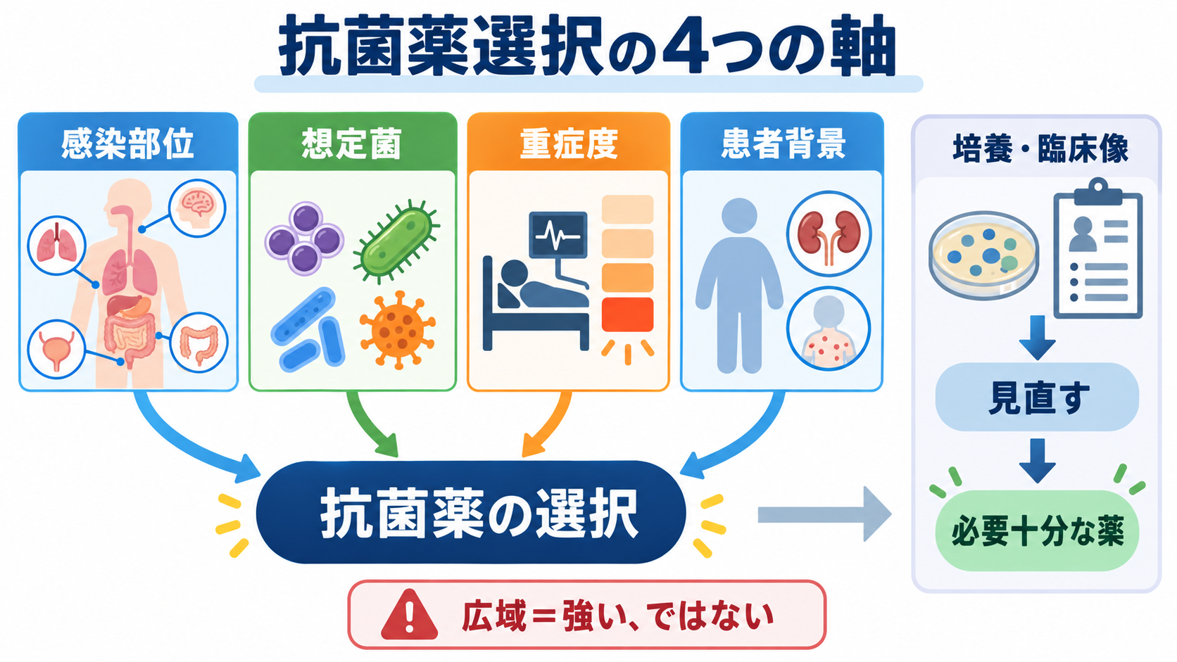 抗菌薬の看護で迷わない｜選択の考え方・投与前確認・観察・TDMの基本：抗菌薬の選択は「感染部位・想定菌・重症度・患者背景」の組合せで決まるの図解