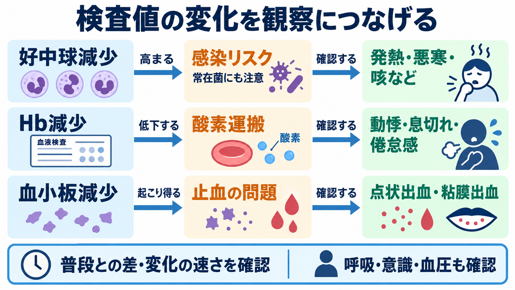 血液像の一覧と読み方：白血球の種類・基準範囲・異常所見を看護につなげる：観察は、感染・貧血・出血と全身状態を結び付けるの図解