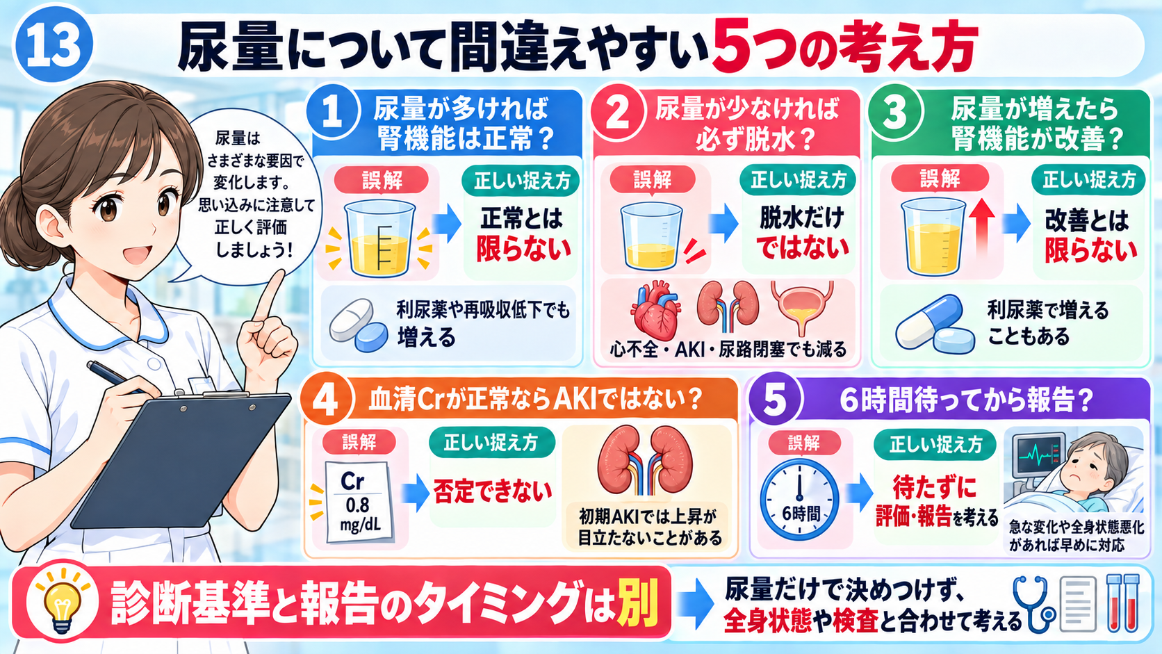 尿量の見かた｜なぜ確認する？正常の目安・尿量が減る原因・看護観察のポイント：尿量について間違えやすい5つの考え方の図解