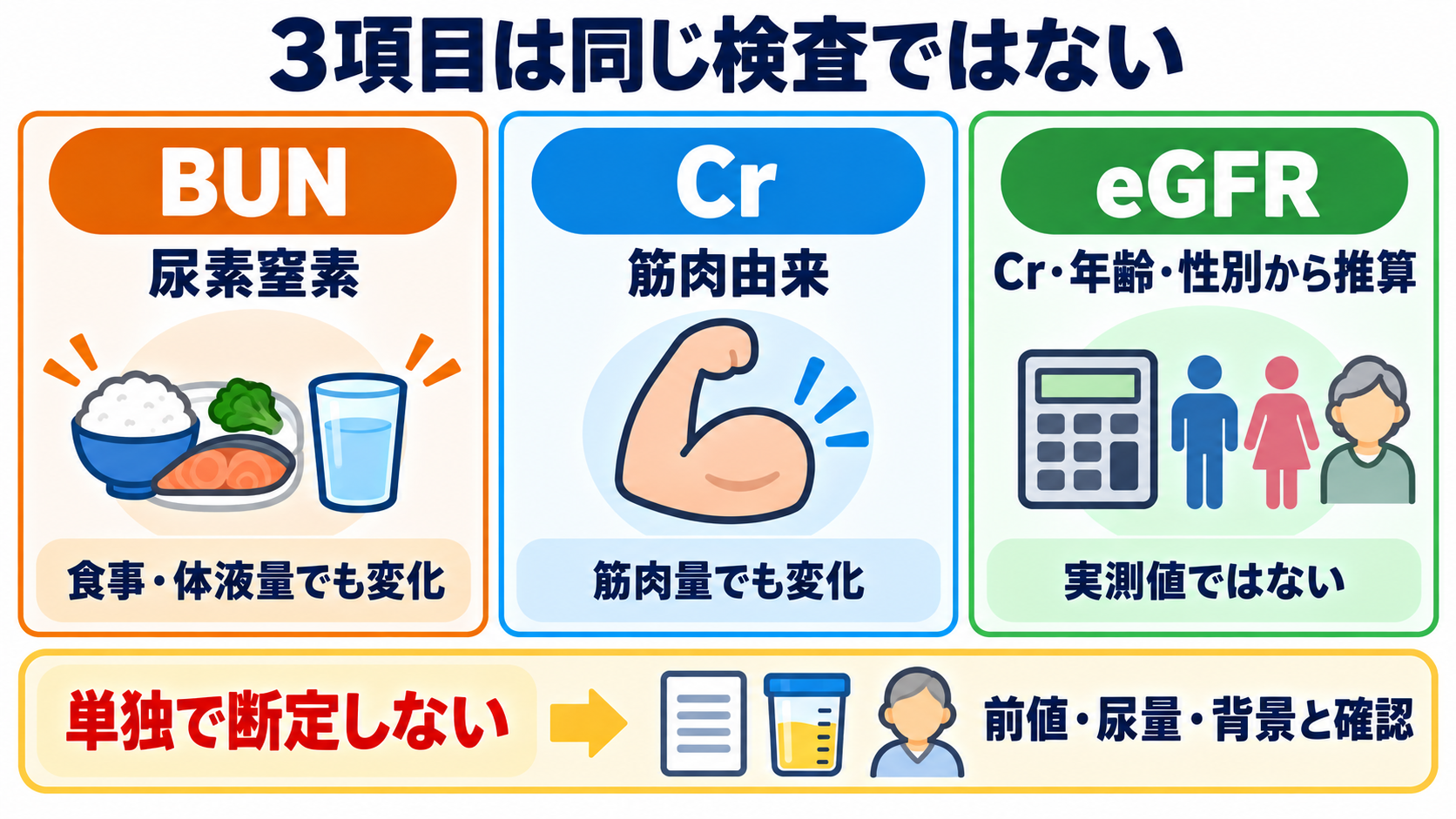 腎機能データの見方｜BUN・Cr・eGFRを「単独値」ではなく変化と背景で読む：3項目は、同じ腎機能を別名で示す検査ではないの図解