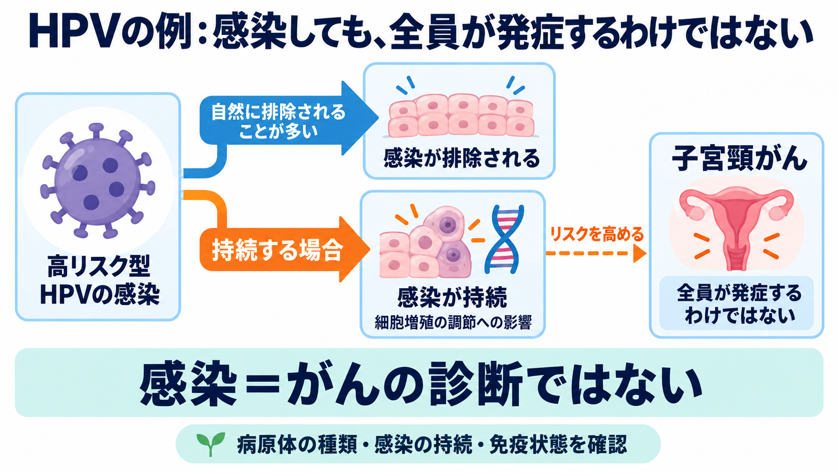 がんのリスク要因は何か？関連するがんと看護で確認するポイントを一覧で解説：特定の感染は発がんに関係するが、感染者全員が発症するわけではないの図解