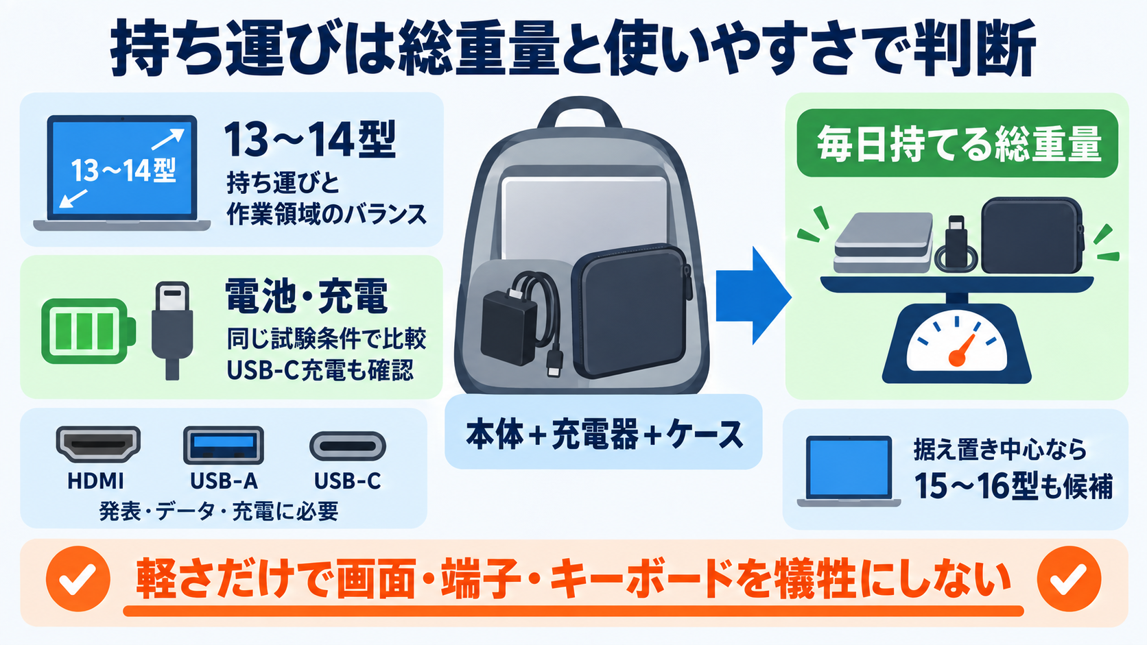 看護研究におけるパソコンの選び方｜必要スペック・OS・データ管理を順番に解説：持ち運ぶなら本体重量だけでなく、画面・電池・充電器を一緒に見るの図解