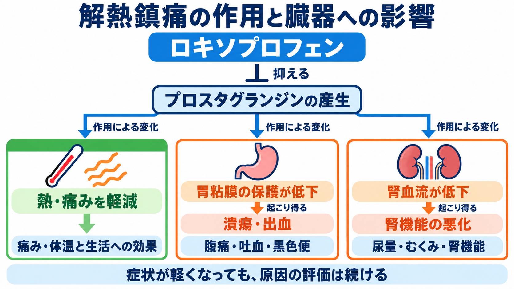 頓用の薬を一覧で理解する：症状別の代表薬と看護で確認するポイント：解熱鎮痛薬は、成分の重複と肝・腎・消化管への影響を見るの図解