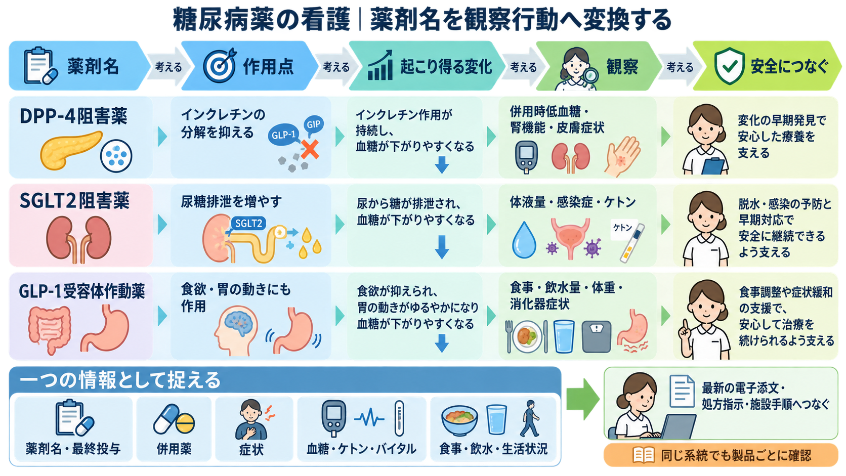 糖尿病薬の種類まとめ｜DPP-4阻害薬・SGLT2阻害薬・GLP-1受容体作動薬の違いと看護の確認ポイント：糖尿病薬の看護は薬剤名を観察行動へ変換するの図解