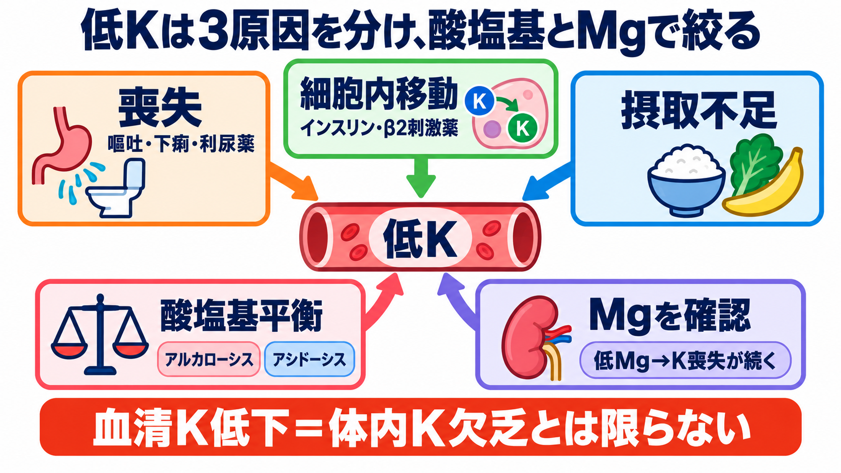 Na・K異常の読み方｜症状・心電図・採血エラーをつないで緊急度を判断する：低K血症は「喪失」「細胞内移動」「摂取不足」を酸塩基とMgで絞るの図解