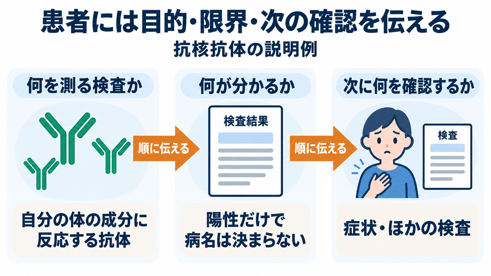 免疫の種類と主な検査の一覧：抗体・補体の働きと看護での読み方：患者には、検査の目的・限界・次に確認することを順番に伝えるの図解