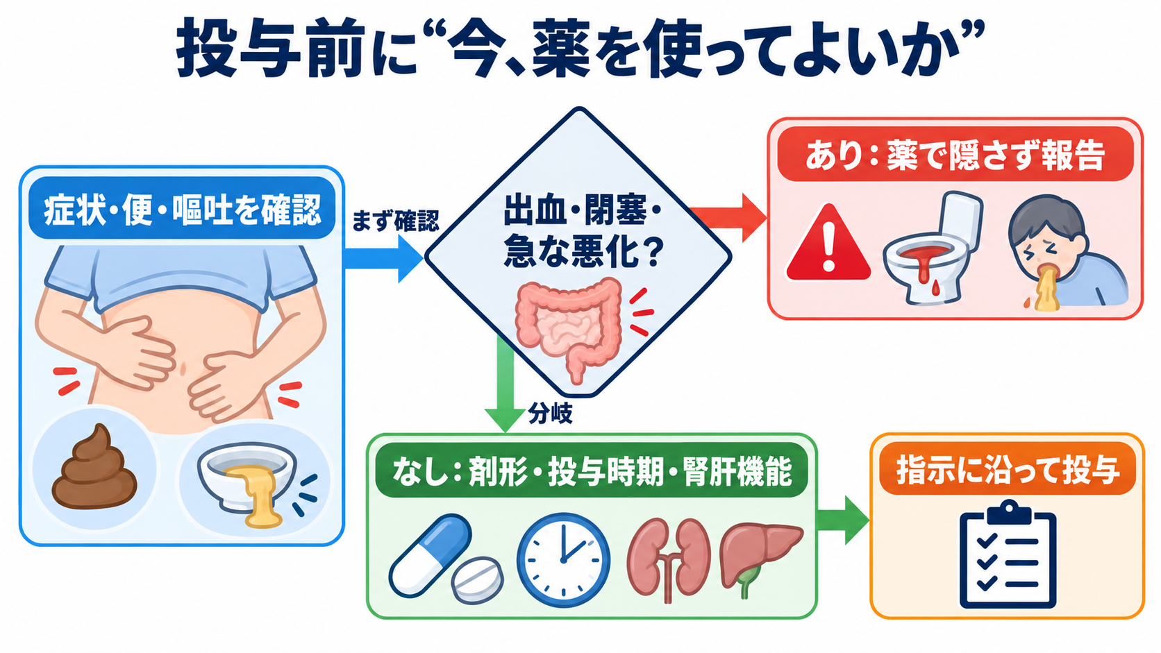消化器で使われる薬剤の基本：作用の理由、副作用、看護観察を目的別に理解する：投与前には「この症状に今、薬を使ってよいか」を確認するの図解