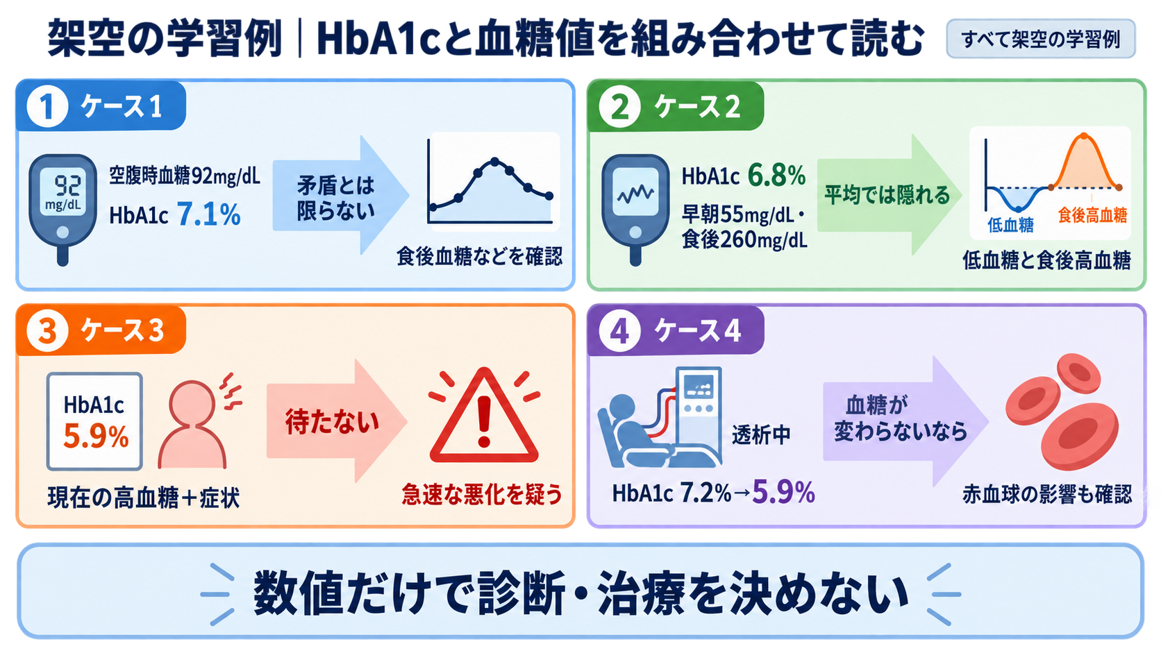 HbA1cとは？血糖値との違いと数値の読み方を看護師向けに解説：架空の学習例でHbA1cと血糖値の組み合わせを読むの図解
