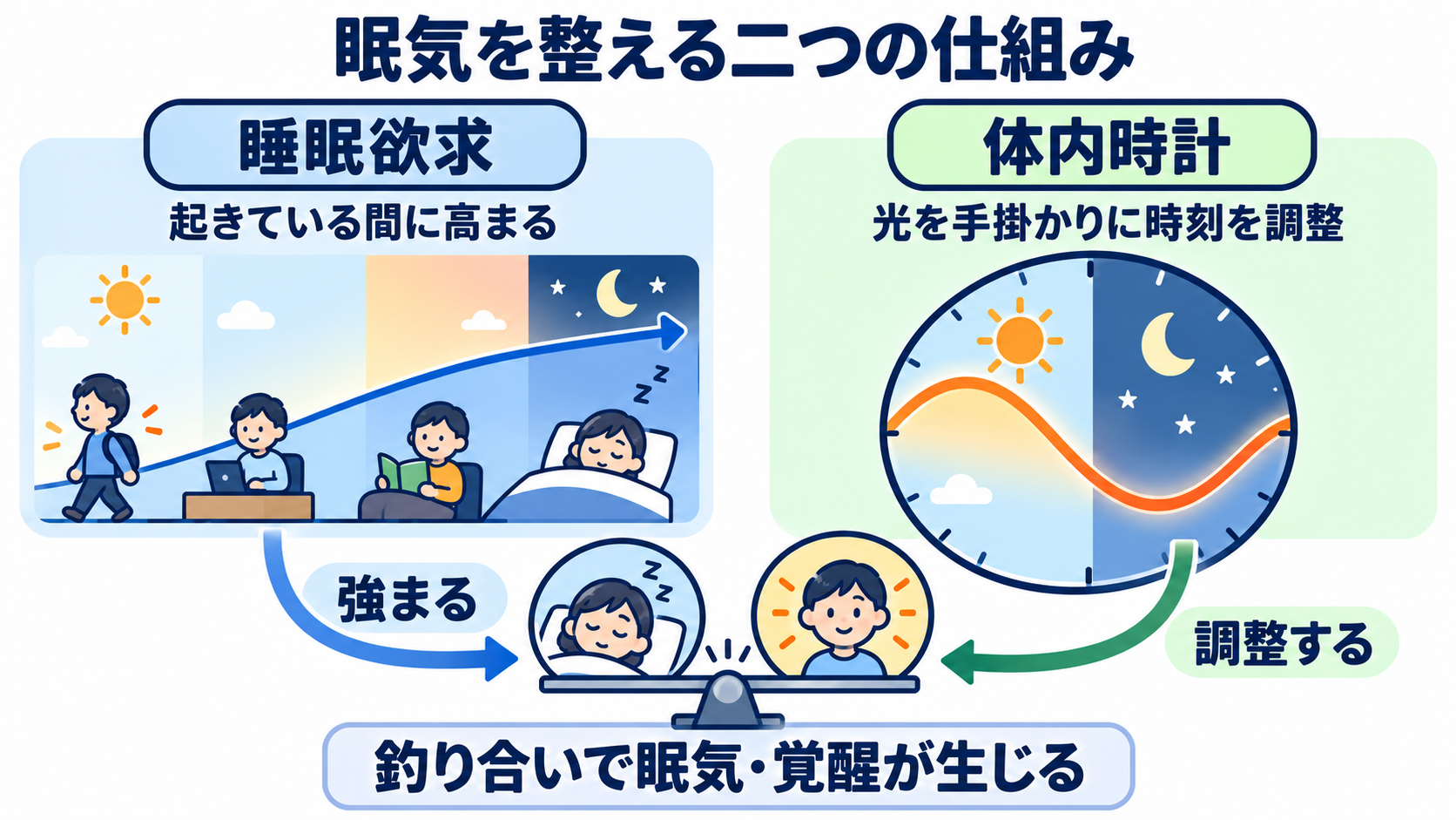睡眠をどう見る？仕組み・睡眠障害・看護観察と報告のポイント：睡眠は「睡眠欲求」と「体内時計」の二つの仕組みで整うの図解