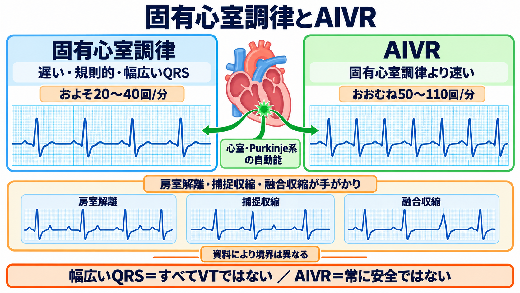 P-QRS関係で見分ける基本調律の異常―心房細動・接合部調律・固有心室調律・心房停止・洞室伝導：固有心室調律は遅く幅広い補充調律、AIVRはそれより速い心室調律の図解