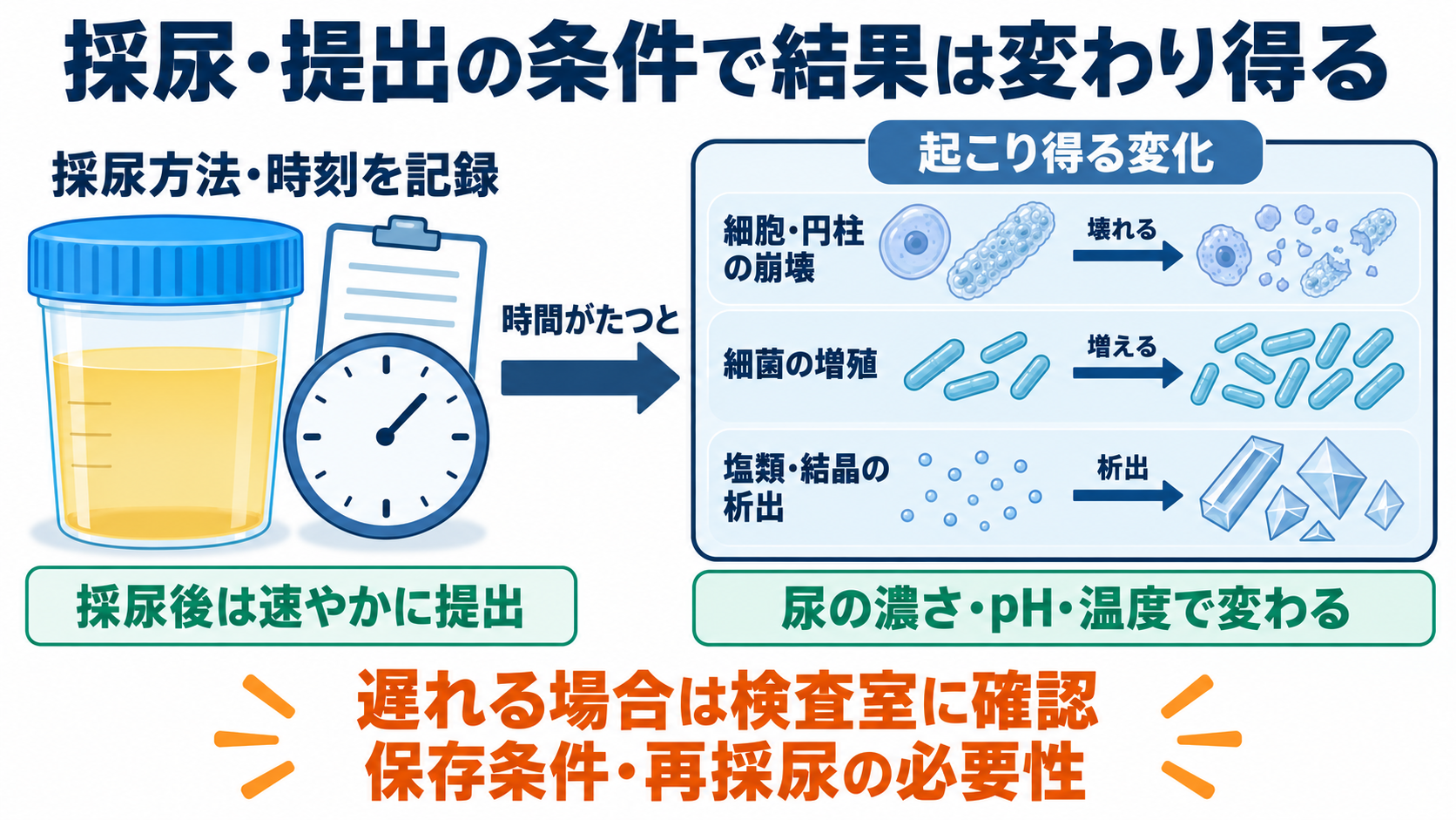 尿沈渣の主な成分一覧と、看護に役立つ所見の読み方：採尿と提出の条件は、尿沈渣の解釈そのものに関わるの図解