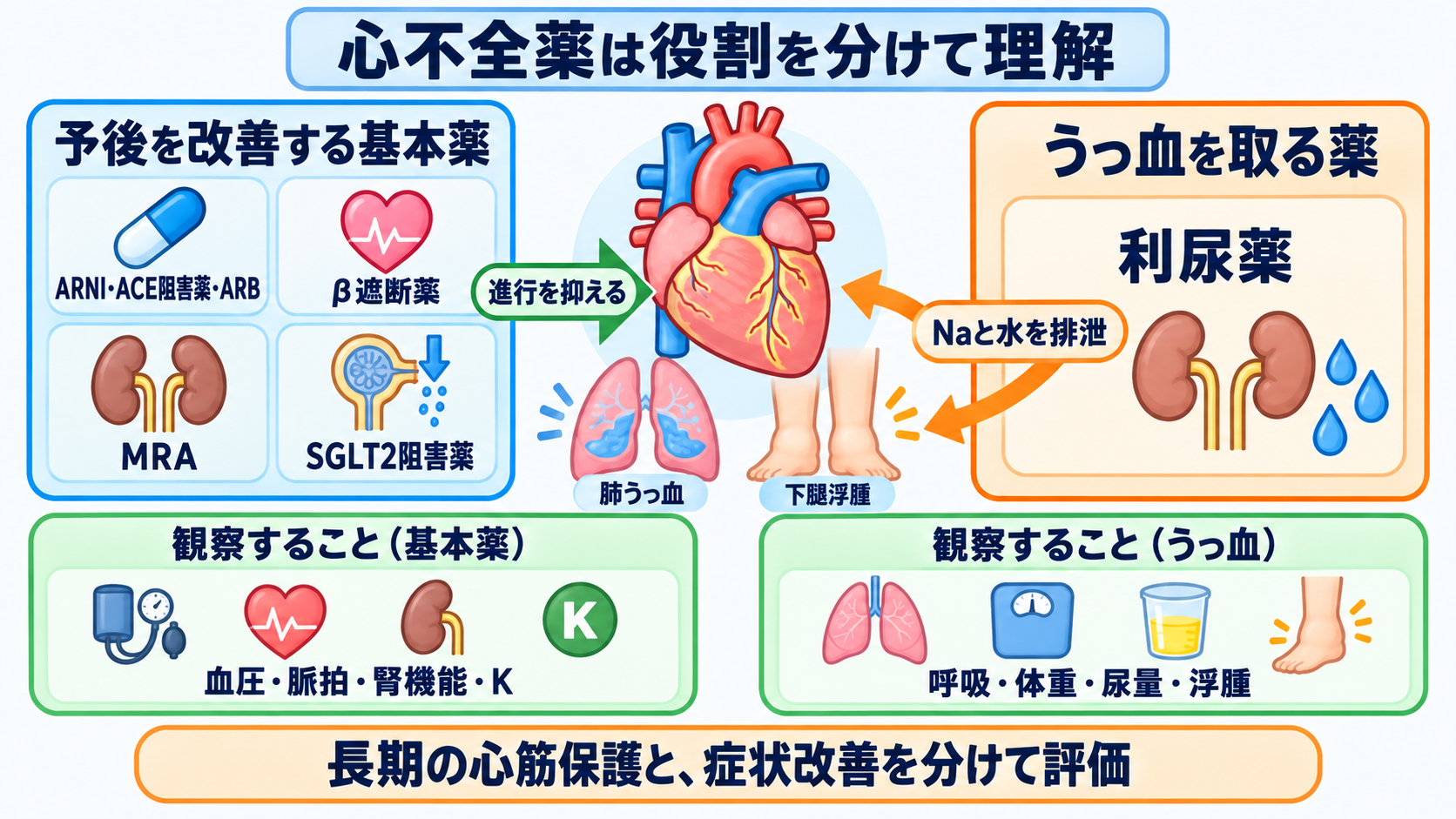 循環器で使われる薬剤を目的から理解する―作用・副作用と看護観察のつなげ方：心不全では「予後を改善する基本薬」と「うっ血を取る薬」を分けるの図解