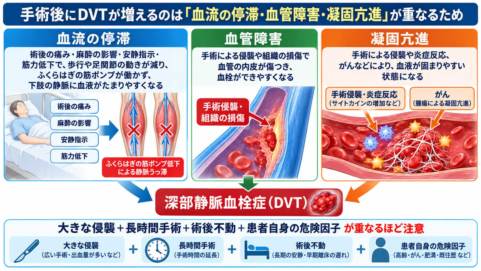 深部静脈血栓症を起こしやすい手術とは？術後DVTのリスクと予防・看護観察を解説：手術後にDVTが増えるのは「血流の停滞・血管障害・凝固亢進」が重なるための図解