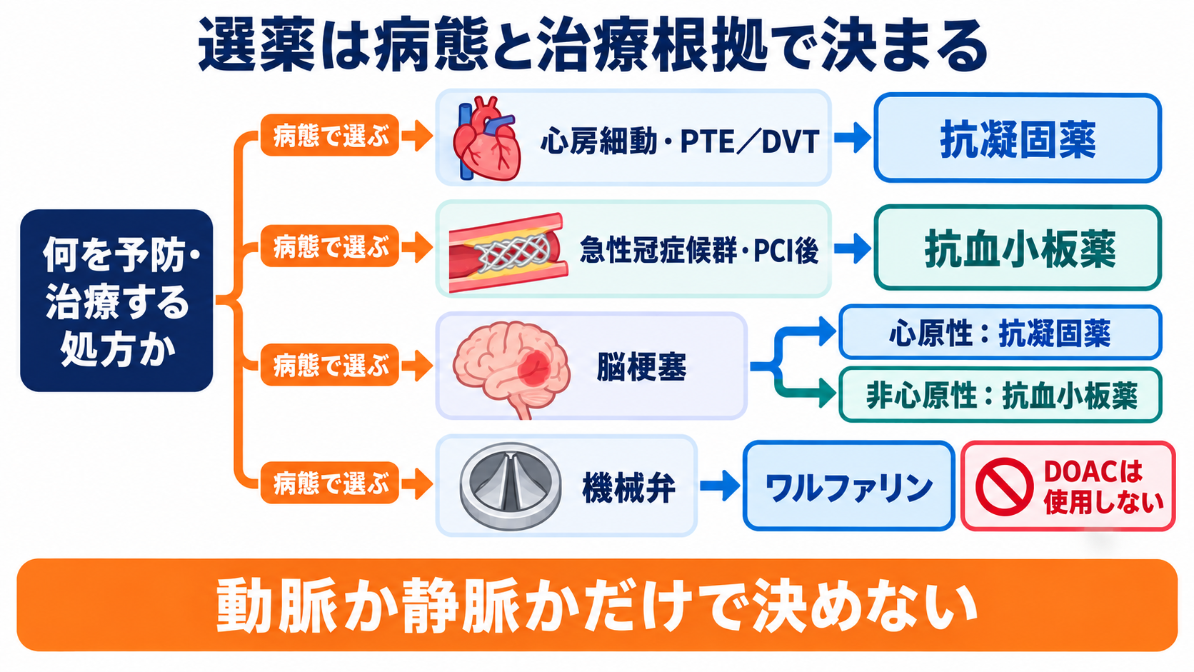 抗凝固薬と抗血小板薬の違いは？看護師が押さえる選び方と出血観察：選薬は「動脈か静脈か」ではなく、血栓ができる病態と臨床試験の根拠で決まるの図解