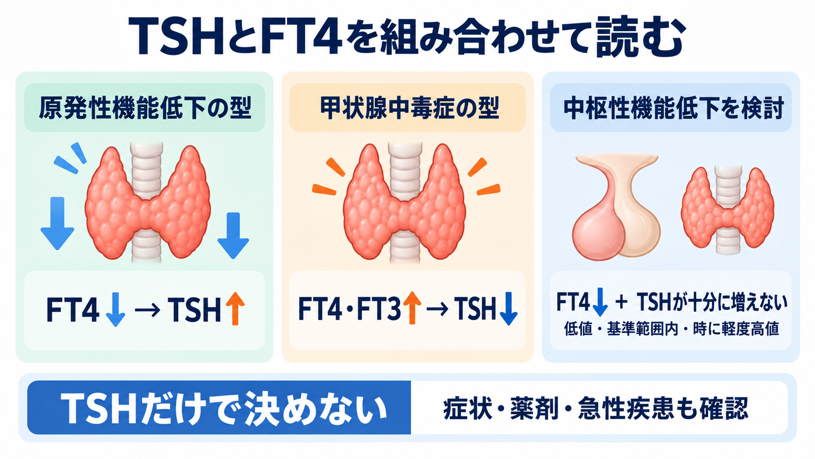 内分泌で覚えておきたい検査｜ホルモンの組み合わせと看護観察が分かる：TSHとFT4では、TSHの高低だけで甲状腺機能を決めないの図解