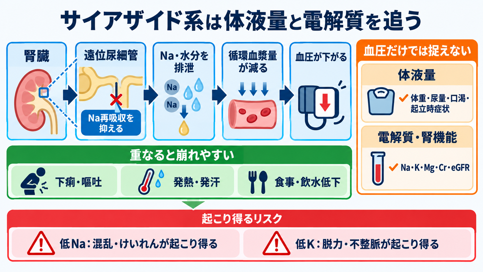 降圧薬は結局どれを選ぶ？商品名から薬効群・使い分け・看護観察を読み解く：サイアザイド系は、血圧より先に体液量と電解質が崩れることがあるの図解